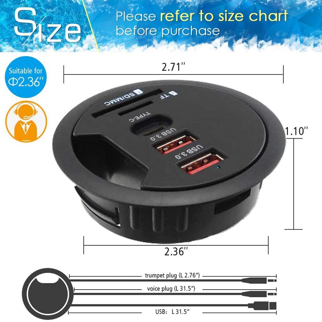 Tischtauglicher USB 3.0-Hub mit Tülle (Durchmesser 2,36" oder 60MM) 2 Port Typ-A und 1 Port Typ-C mit SD/TF-Kartenleser zum Laden und zur Datenübertragung