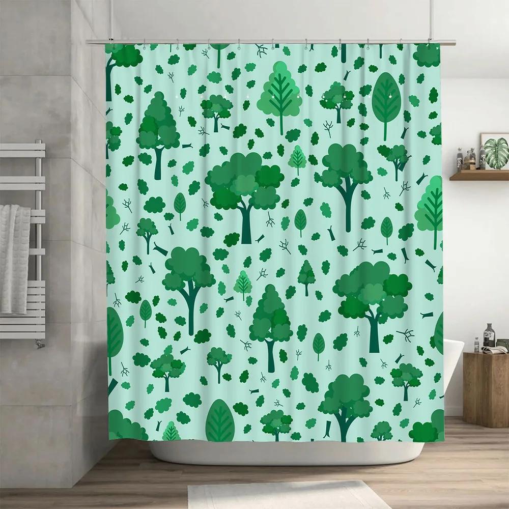 Greenery Shower Curtain Tree Pattern Bathroom Decor Waterproof Fabric Liner for Home Bathing Room Light Green, Dark Green 2 Tone