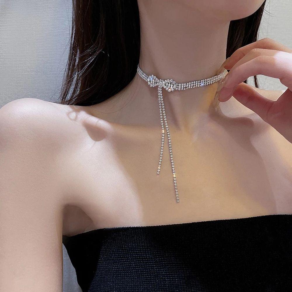 Vintage Geometric Bow Pendant Tassel Neck Jewelry Crystal Woman Clavicle Choker Korean Necklace