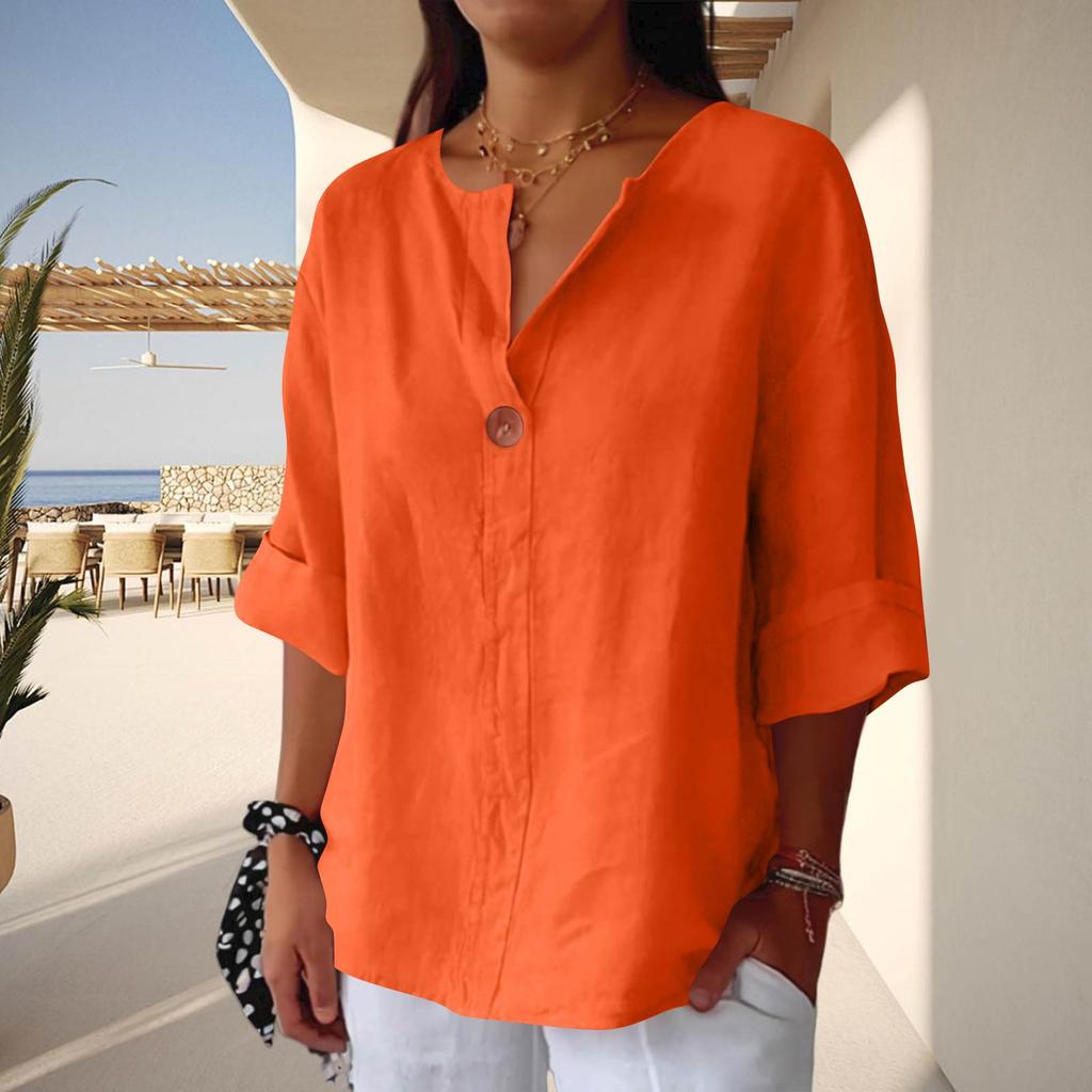 Women V Neck Button Up Three Quarter Sleeve Cotton Linen Blouse Loose Fit Casual Top for Everyday Wear