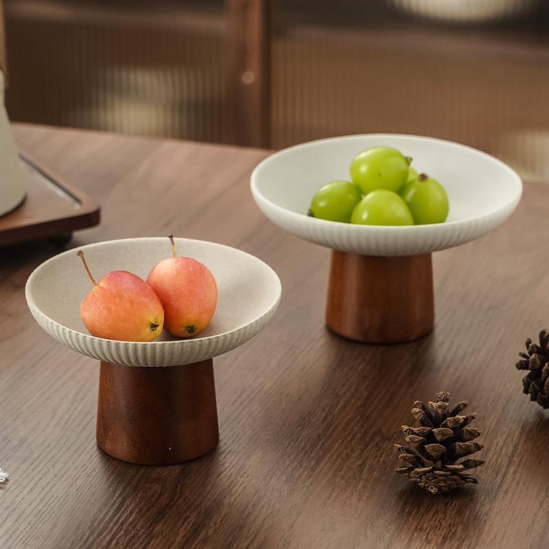 Grovkeramik Keramik Dim Sum-tallrik med Trähög Fot Hushållskök Zen-stil Hög Fot Dim Sum-tallrik Snacksfat Brickor