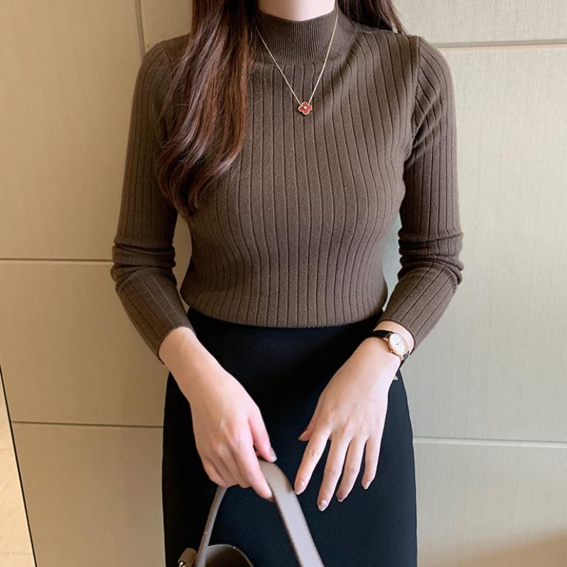 

Свитер-основа для костюма, женский вязаный свитер с полувысоким воротом, женский внутренний топ с длинными рукавами, внешний облегающий крой L кофейный