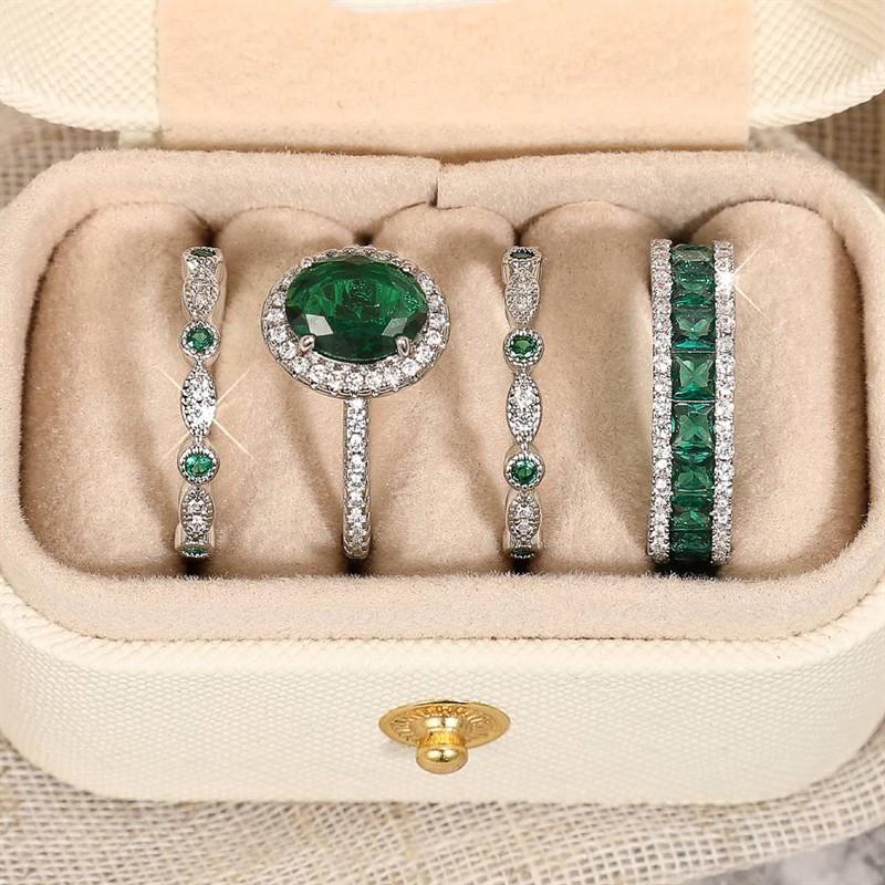 Huitan Royal Green Cubic Zirconia 4PCS Ring Set Wedding Trendy Party Wearable Jewelry Set Versatile Stackable with Gift BoxGood Product