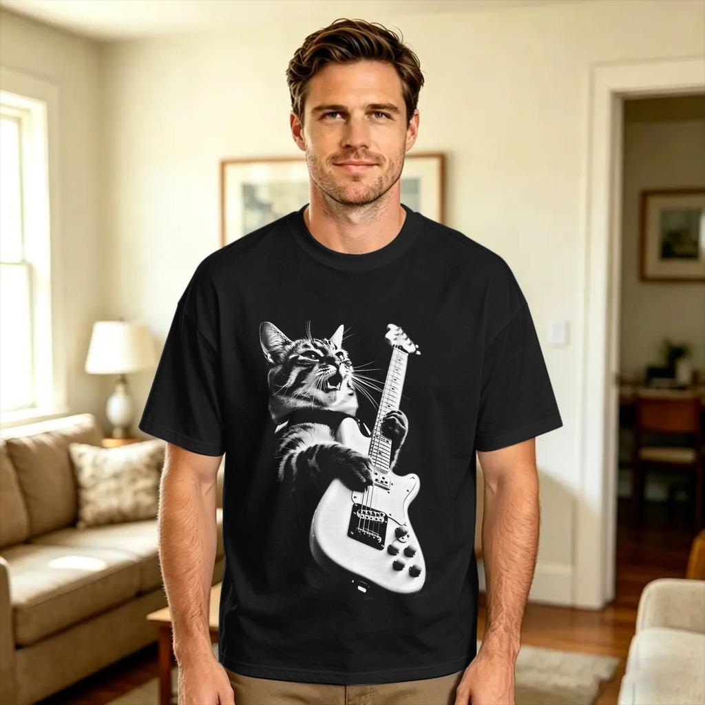 Oversized Tshirt Rocker Cat Punk Metal Rock And Roll Music Rock Cat Cotton Tshirts Novelty Tee Shirt For Unisex Summer Clothing