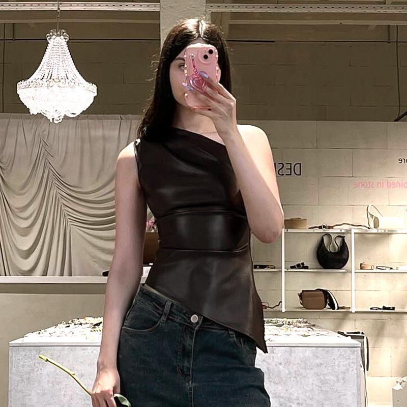 Women's Autumn Solid Color Sleeveless One-Shoulder Zipper Top