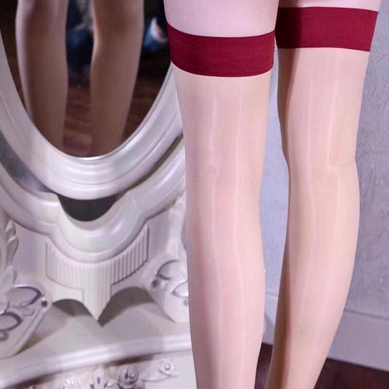Women's Anti Slip Silicone Stockings Patchwork Contrast Color Rib Cut Top High Thigh Women 8D Oil Shiny Transparent Female Socks