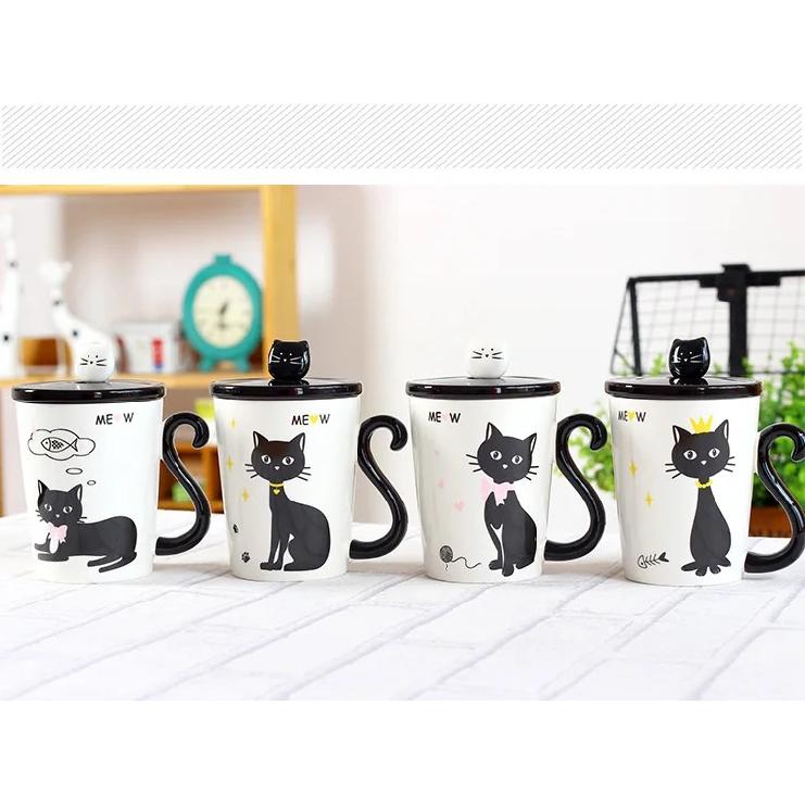 New Cat Tail Handle Mugs Cup Ceramic Coffee Tea Milk Drinkware with Spoon Cover Three in One Lovely Mug Gift