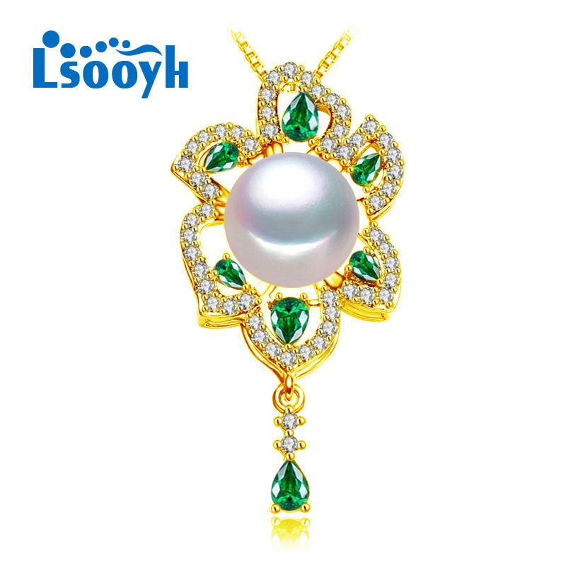 

LSOOYH большой натуральный пресноводный жемчуг, модное ожерелье с кулоном из зеленого кристалла и кубического циркония для женщин