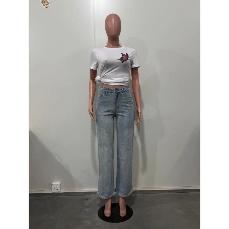 Shiny Rhinestone Jeans Pants Sexy Women High Waist Elegant Night Club Diamonds Denim Straight Trousers