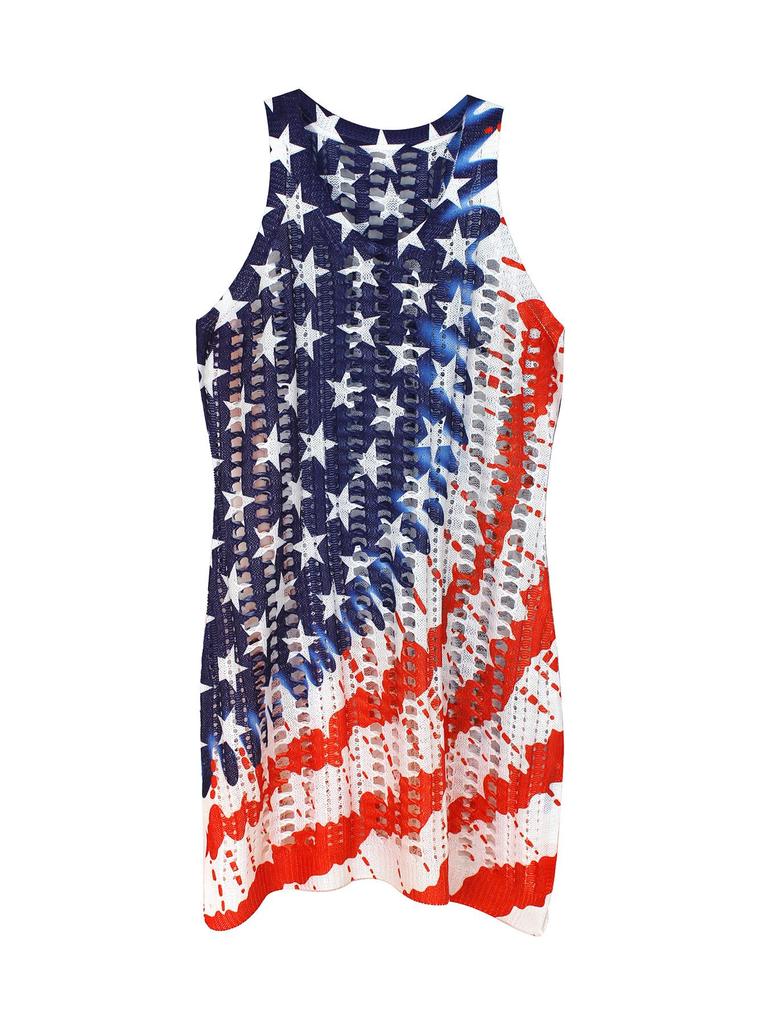European and American Flag Pattern V-Neck Sleeveless Pullover for Spring/Summer Beach Vacation