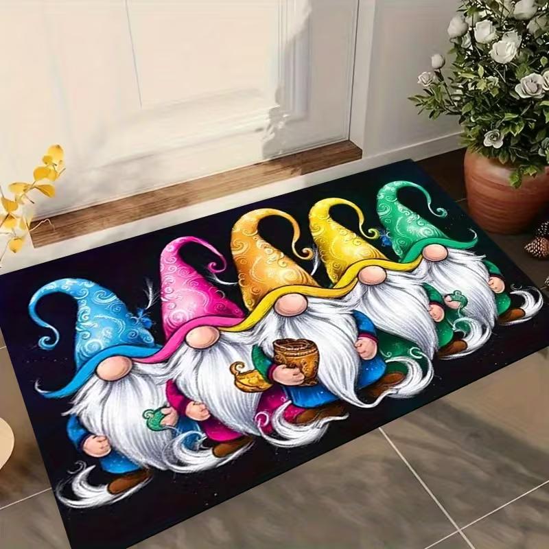 Festive Gnome Door Mat, Non-Slip Machine Washable Indoor Outdoor Entrance Mat with Whimsical Gnome Design Seasonal Home Accent