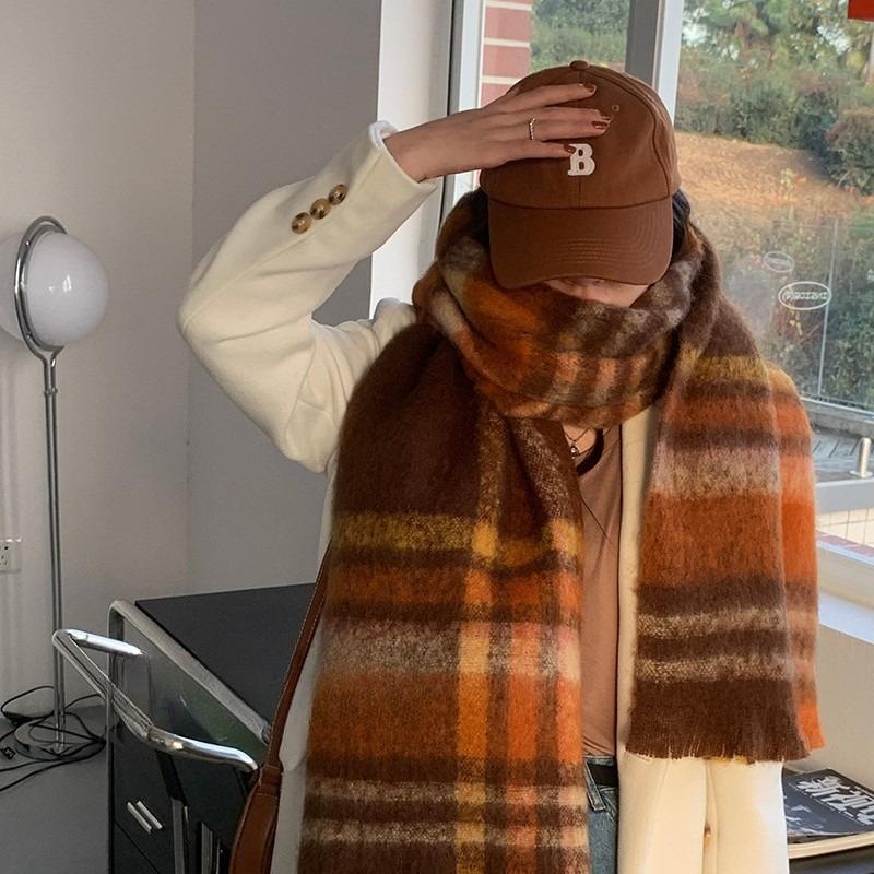 Fresh Mohair Plaid Scarf Women's Autumn and Winter Sweet Thickened Shawl Winter Warm Student Scarf Dual Use