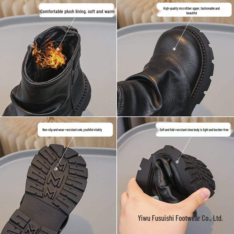 Girls' 2025 Fleece-Lined Waterproof Leather Boots - Autumn/Winter Snow & Princess Style for Kids