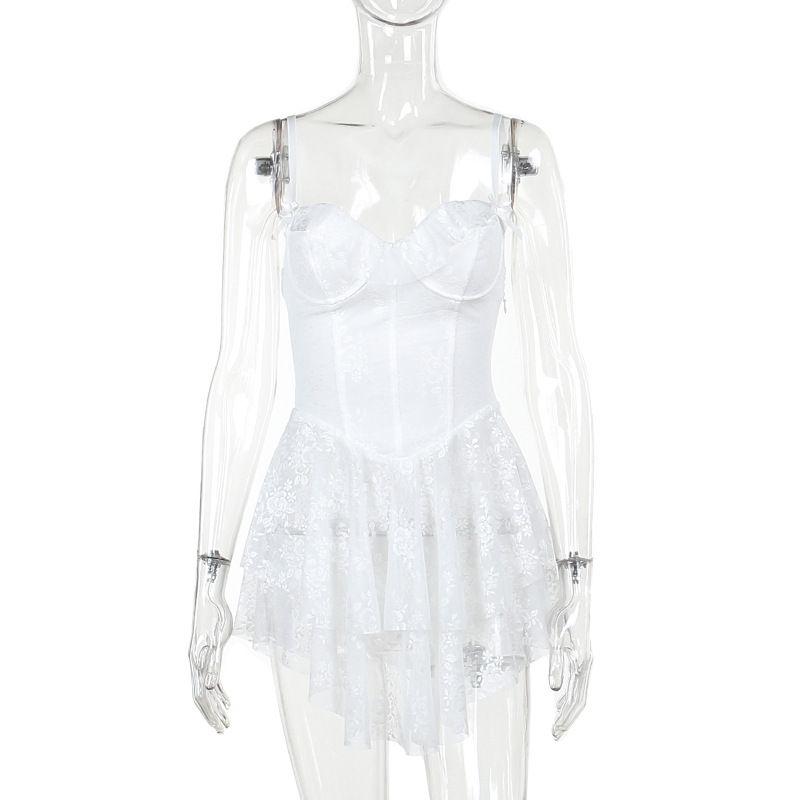 

Модный стиль Инс Новинка Модные подтяжки Элегантное платье А-силуэта в обтяжку Сексуальное открытое платье с оборками и кружевом White S