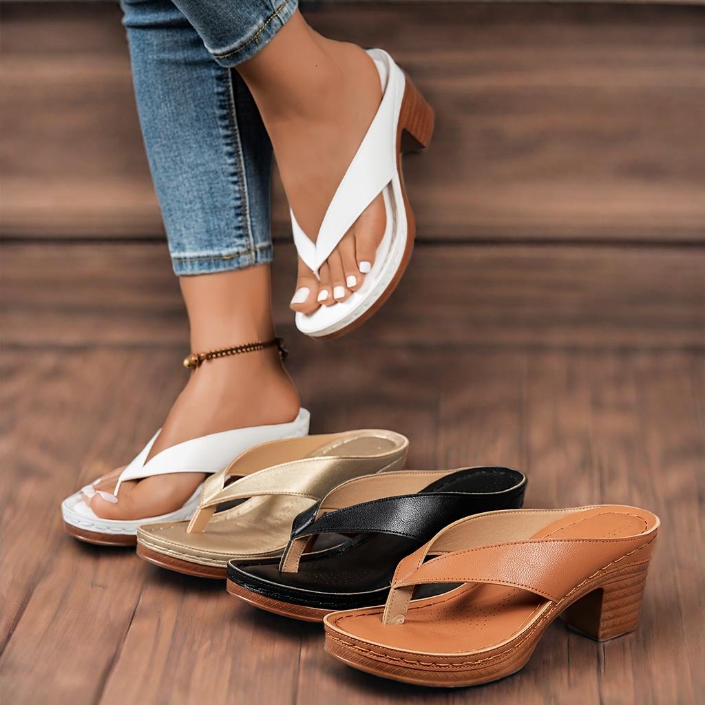 Elegant Women's Wedge Heel Flip Flops - Comfortable Thick Soled Sliding Sandals, Mid Heel, Open Toe, Easy To Wear, Daily Sandals