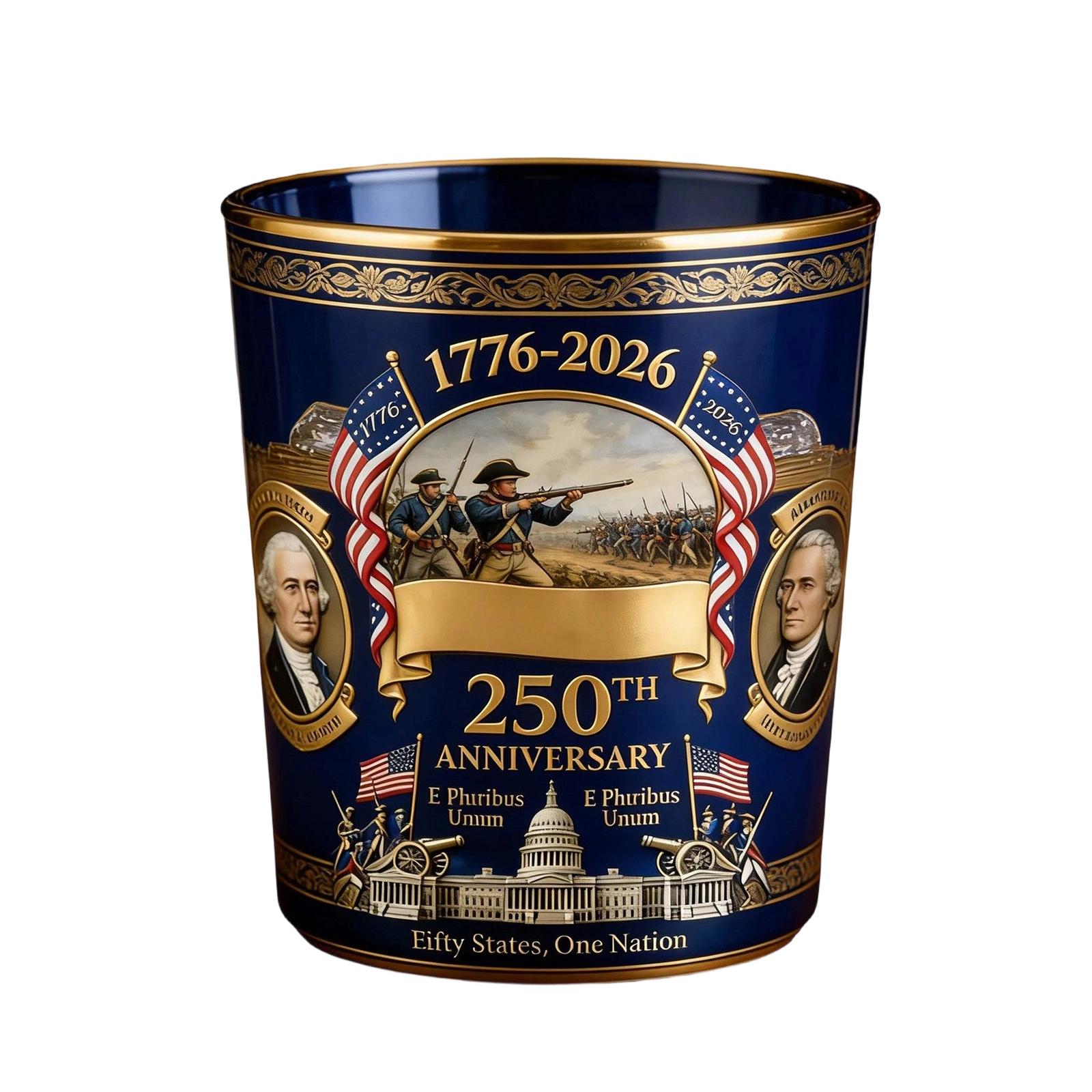 

250th Anniversary Commemorative Whiskey Glass Personalized Silkscreened Brandy Glass with Historical Design for Collectors and Enthusiasts One Size
