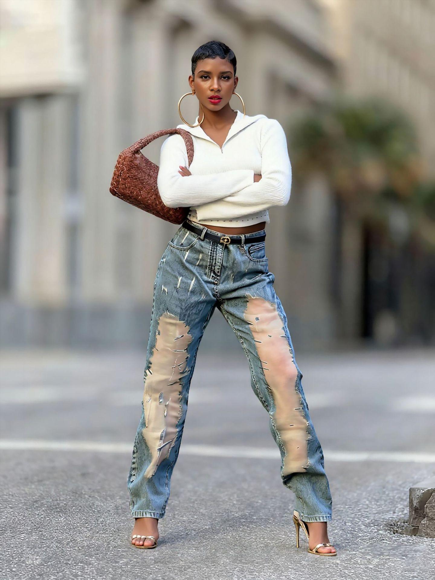 2026 Washed Hollow Mesh Ripped Denim Jeans 2XL синий