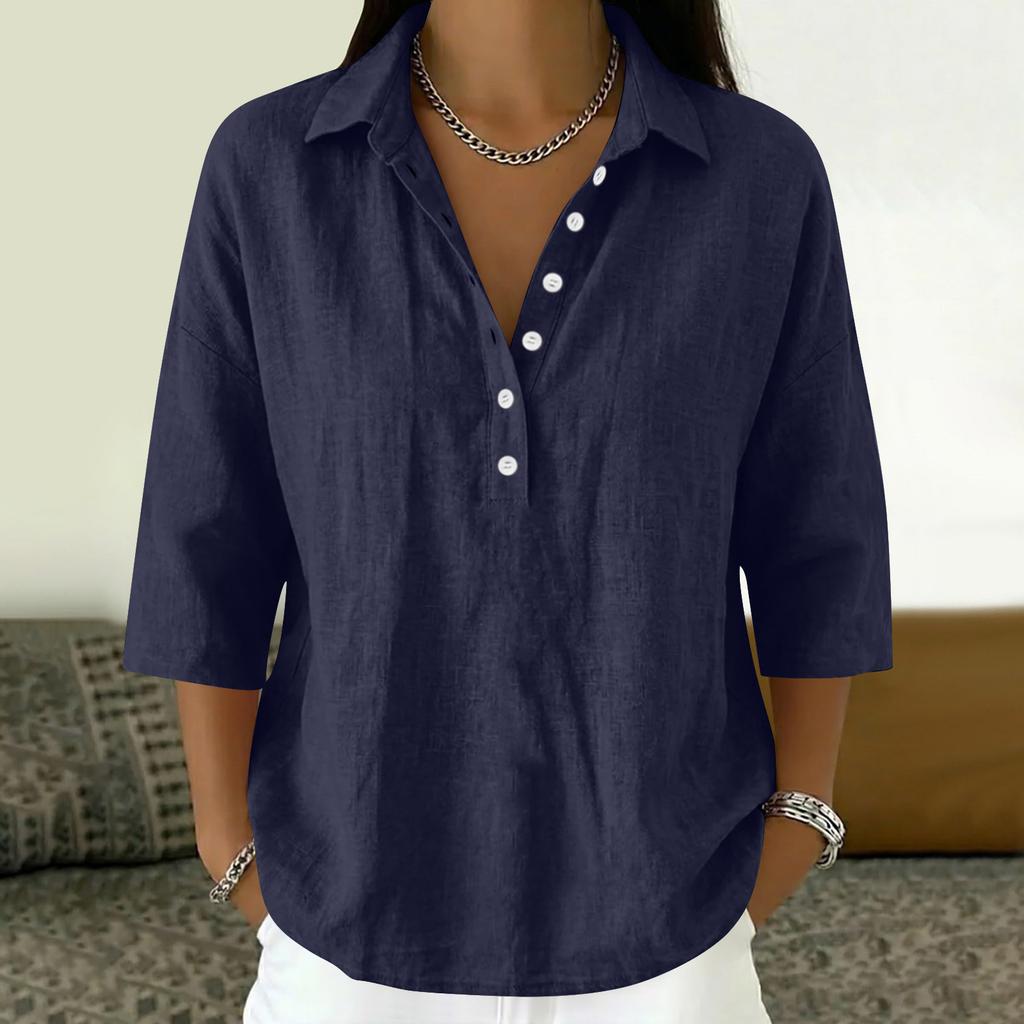 Damen 3/4 Ärmel Knopfleiste Hemdbluse V-Ausschnitt Elegant Lässig Sommerblusen Business Tops Arbeitshemden mit Kragen