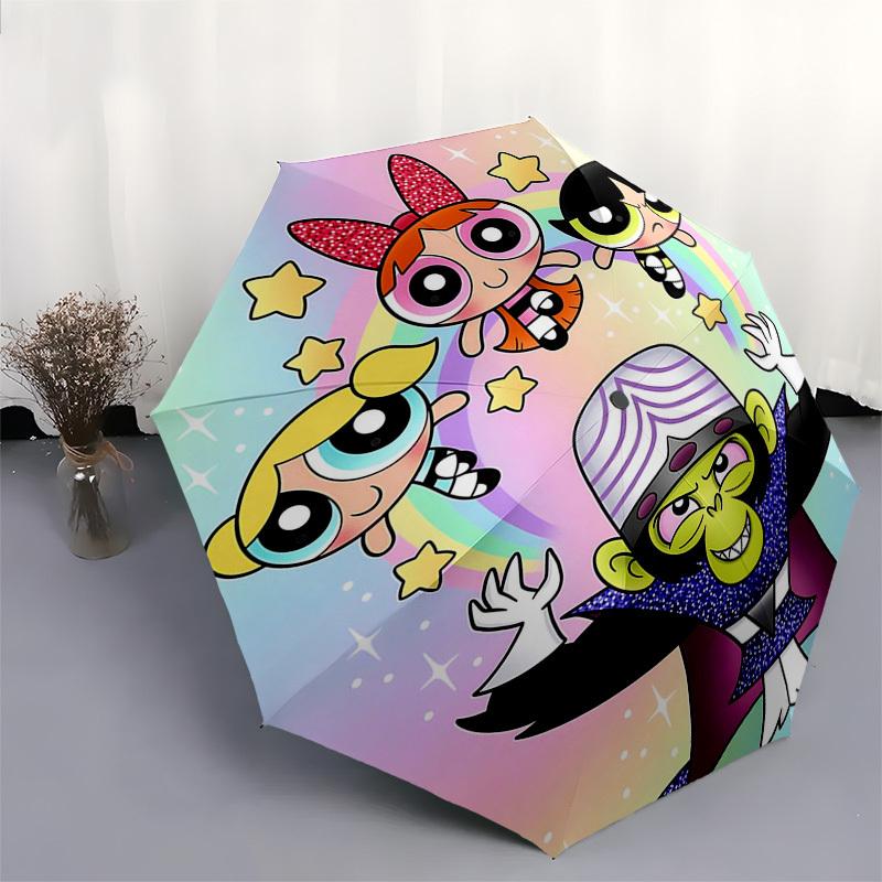 1pc Powerpuff Girls Automatic Opening Umbrella - Portable Tri-Fold Design with 8-Bone Iron Frame, Outdoor Umbrella for Fans, Travelers, Daily Use, Gif