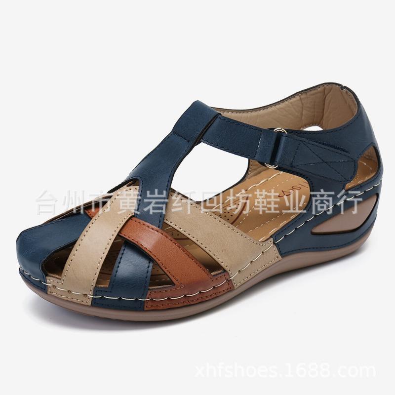 Women's shoes summer new retro round head wedge heel cross buckle women's sandals