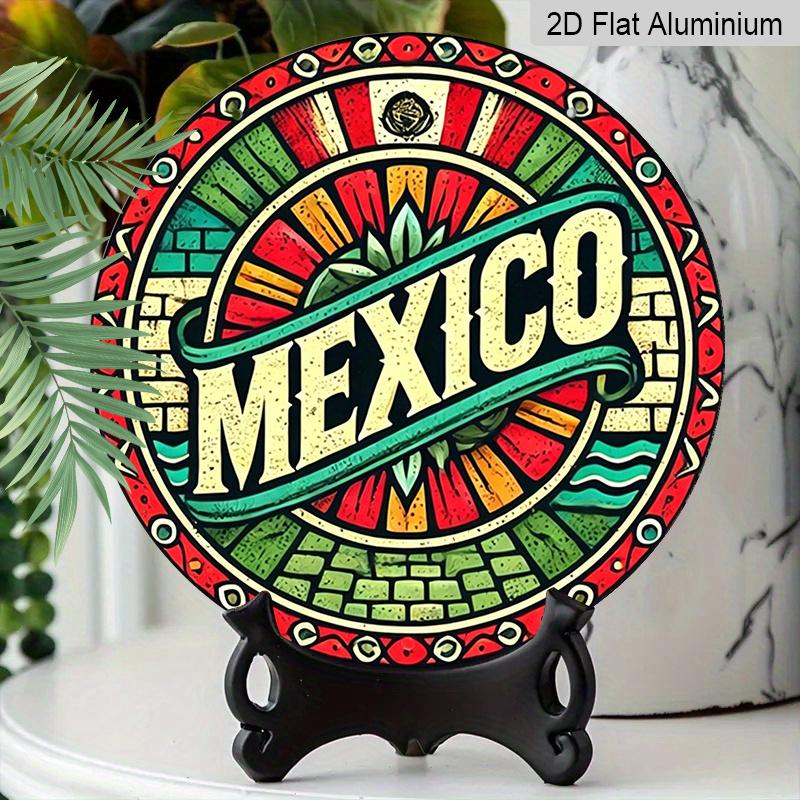 2D Flat, 1pc Round Mexico Themed Aluminum Hanging Sign, Colorful Mexican Flag Talavera Style Design, Retro Metal Wall Decor, Perfect for Cinco De