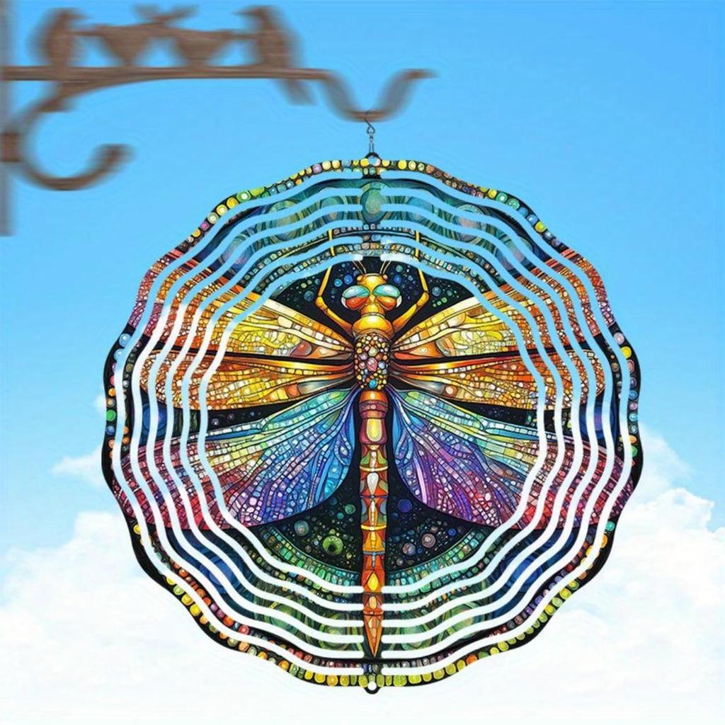 Hanging Wind Chime with Colorful Dragonfly Pattern 2D Kinetic Metal Art for Outdoor Courtyard Balcony Garden Decor