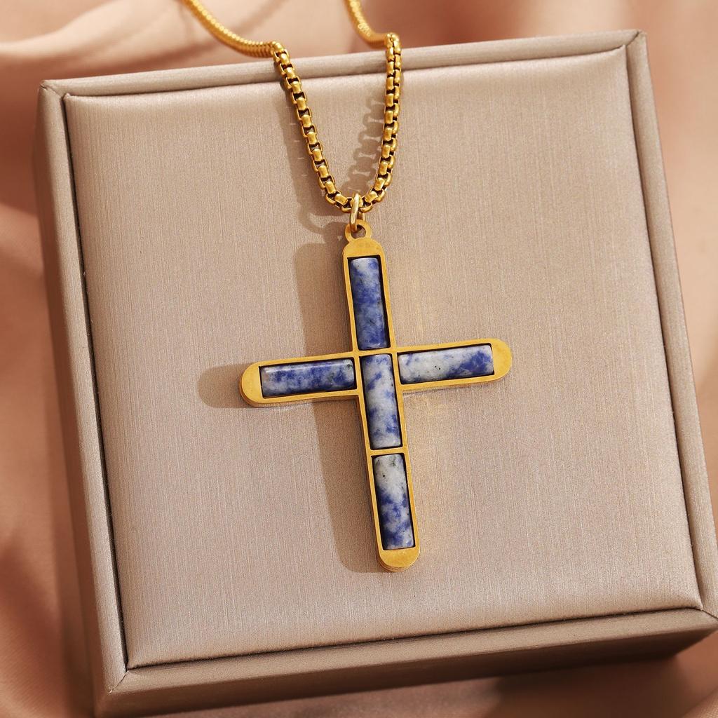 Natural Shoushan Stone Tiger Eye Cross Pendant Square Chain Necklace For Men Women