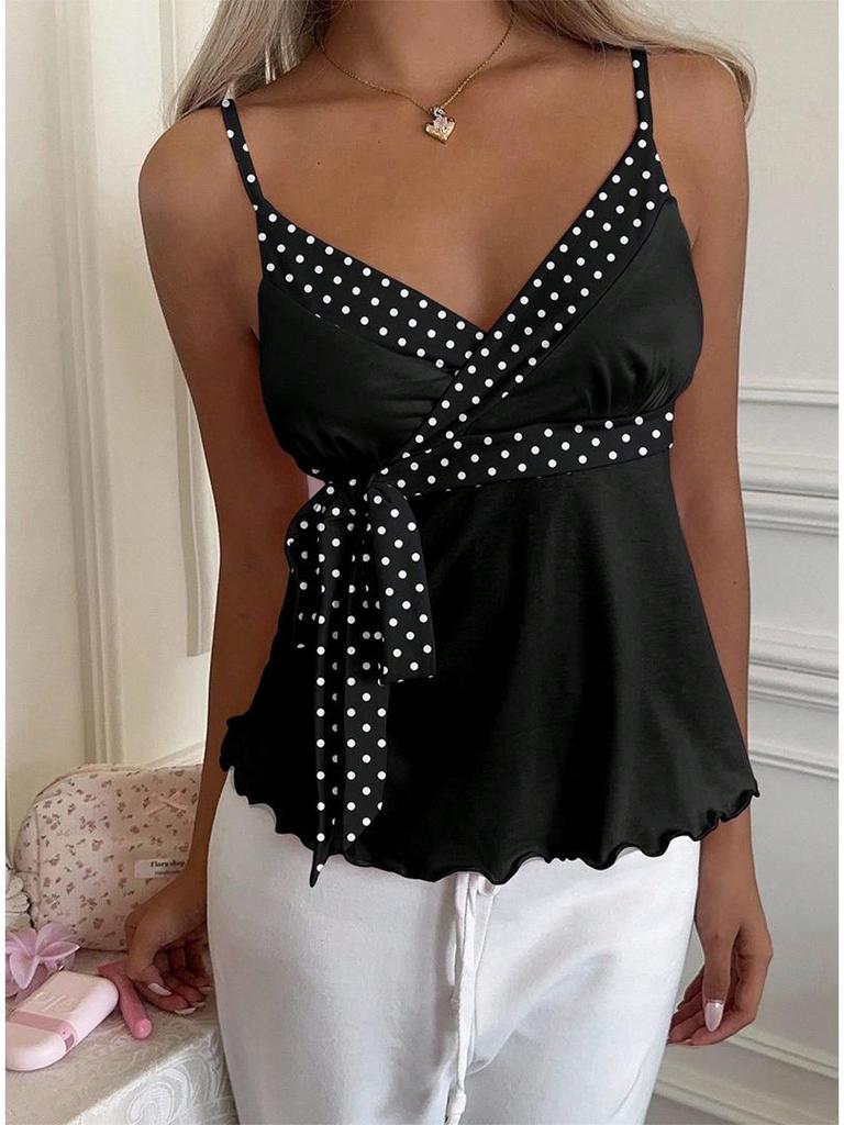 2026 V-Neck Waist-Cinching Ruffled Camisole for Women - European/American Style, Slimming Sleeveless Top