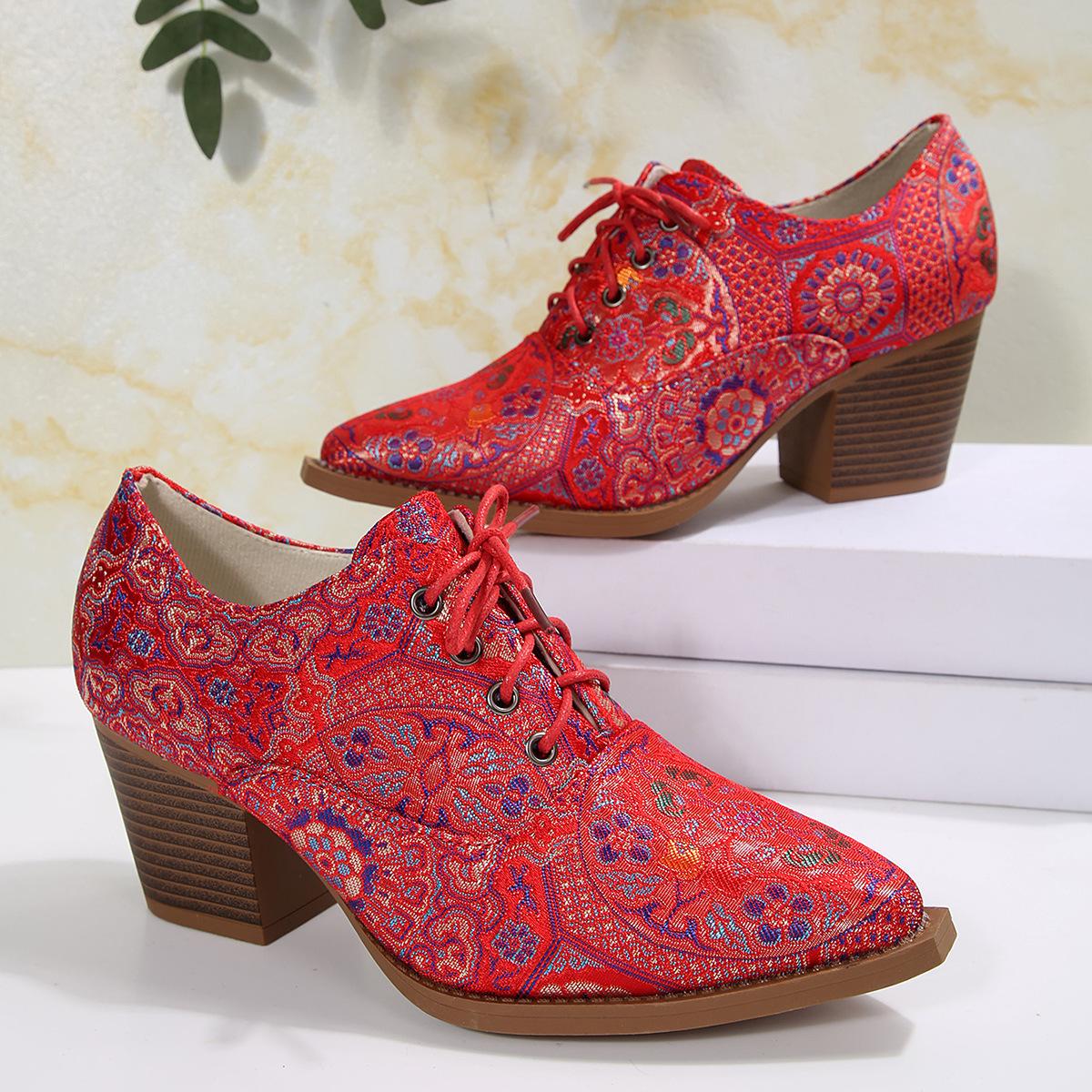 

Front lace-up thick-heeled women s single shoes 2025 new Amazon supply spring high-heeled printing 40-43 large size 36