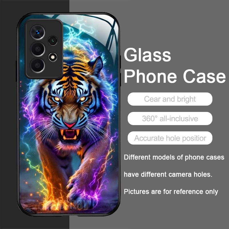 Gold-Schwarz Tigerstreifen Flammen-Print Gehärtetes Glas Handyhülle für Samsung Galaxy A56 A55 A54 A53 A52 A36 A14 A15 A16 A32 Cover