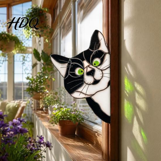 Sunlight Catching Cat Sticker Stained Glass Window Cling Vintage Colorful Kitty Decal Removable Static Cling for Door Wall Car UV-Resistant