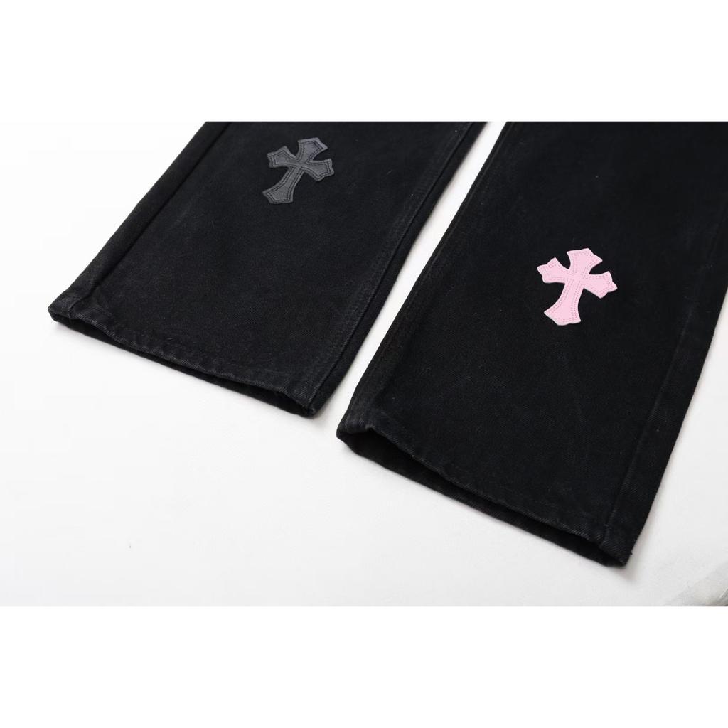 9905 CHROME HEARTS Men's and Women's American Style Trendy Jeans with Fabric Patches, Casual and Fashionable High Street Pants