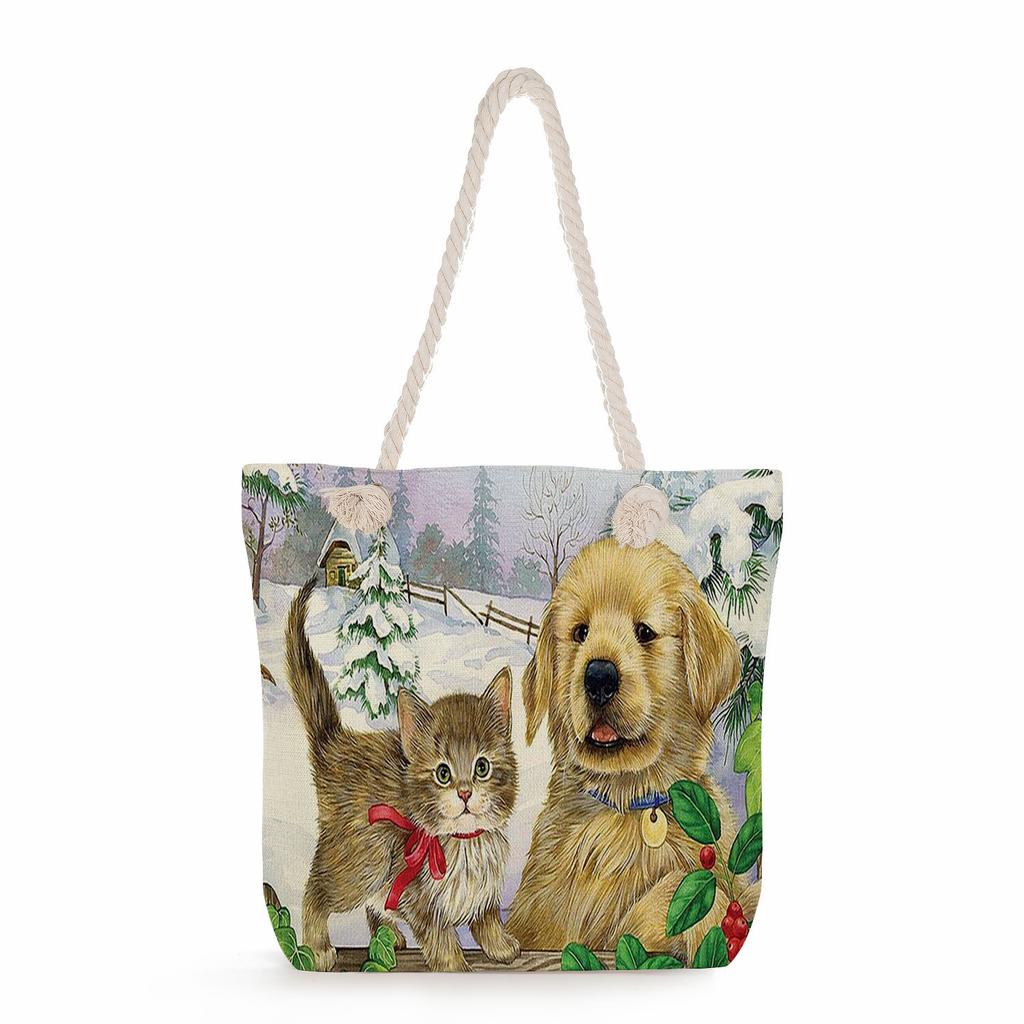 Cat print thick rope single-shoulder beach bag 7228