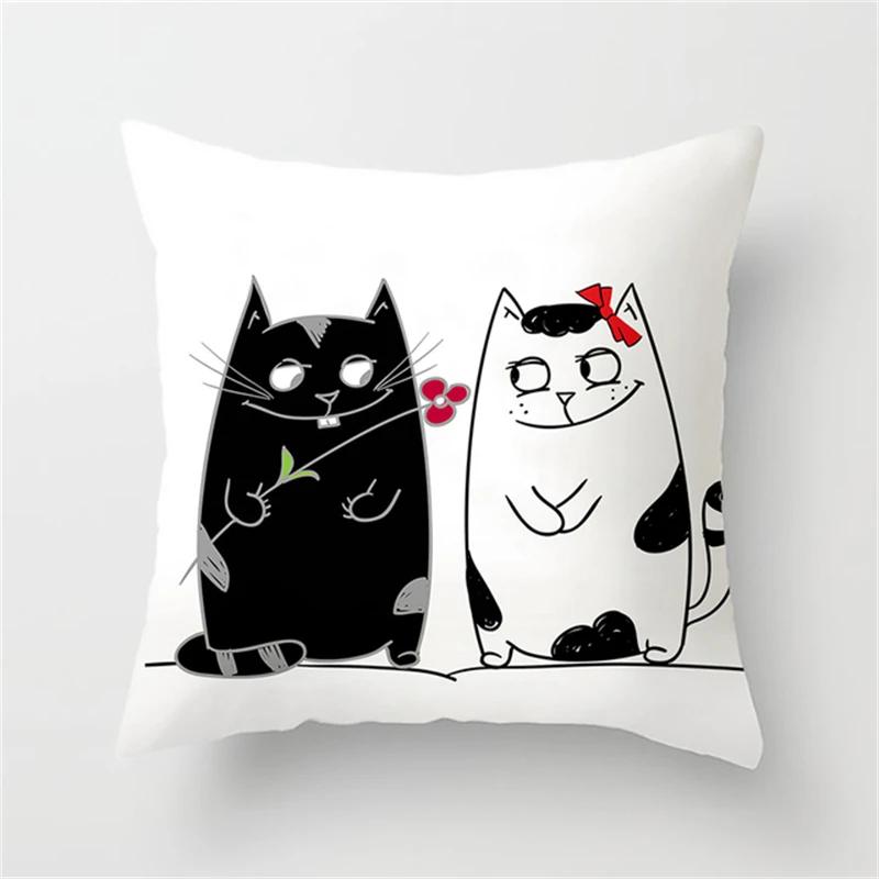 Black and White Funny Cat Cartoon Pillow Sofa Decoration Cushion Cover Car Living Room Bedroom Home Decor