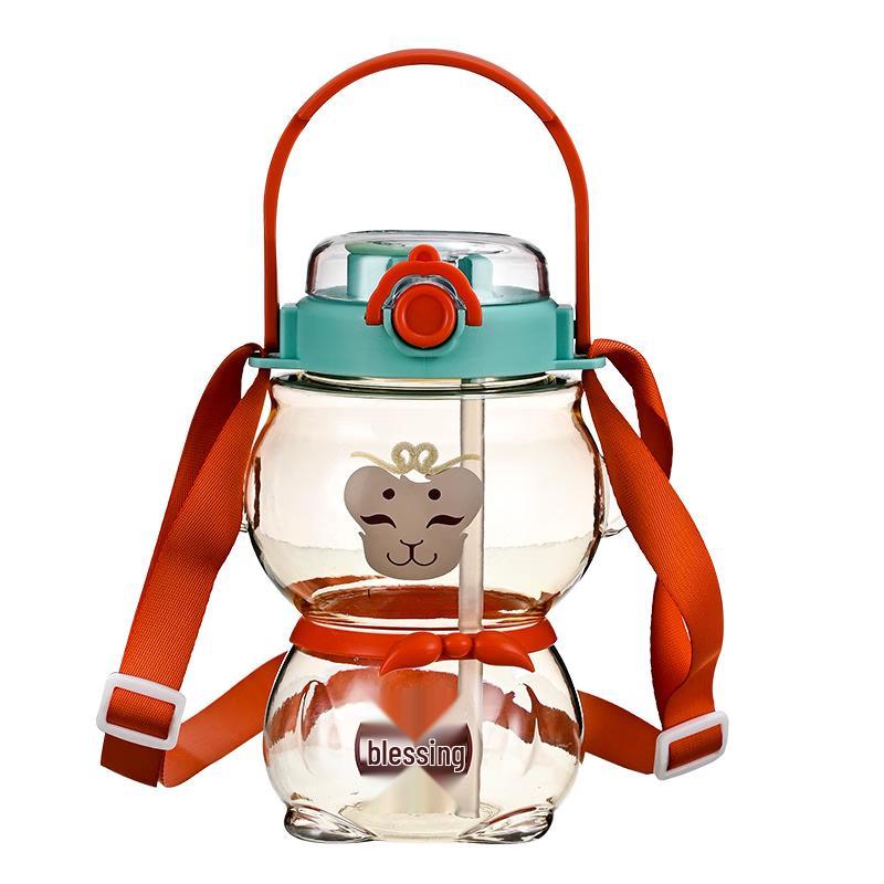 Cute Bear Straw Water Bottle with Crossbody Strap