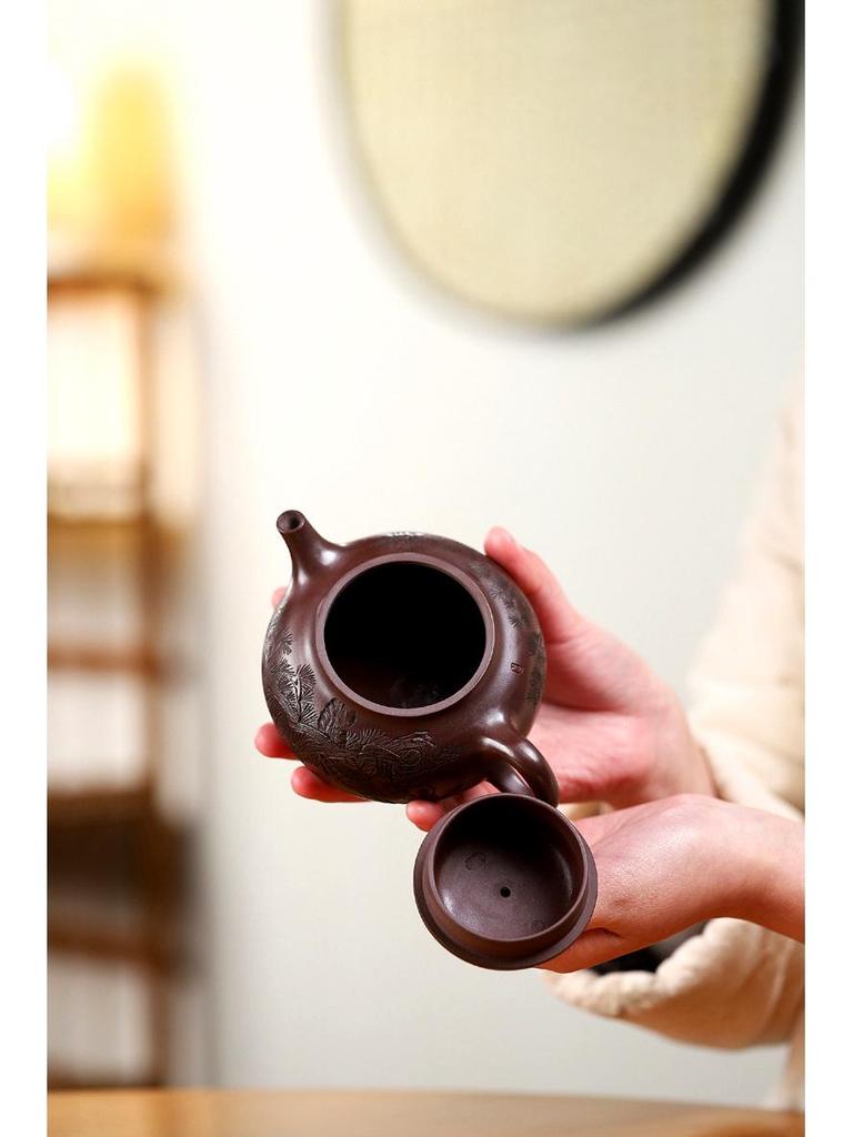 Cipher Yixing Original Ore Purple Clay Zisha Eggplant Gourd Teapot - Handmade Carved Gongfu Tea Set