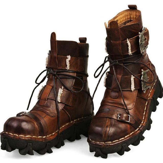 Men Cowhide Genuine Leather Work Boots Gothic Skull Punk Motorcycle Boots