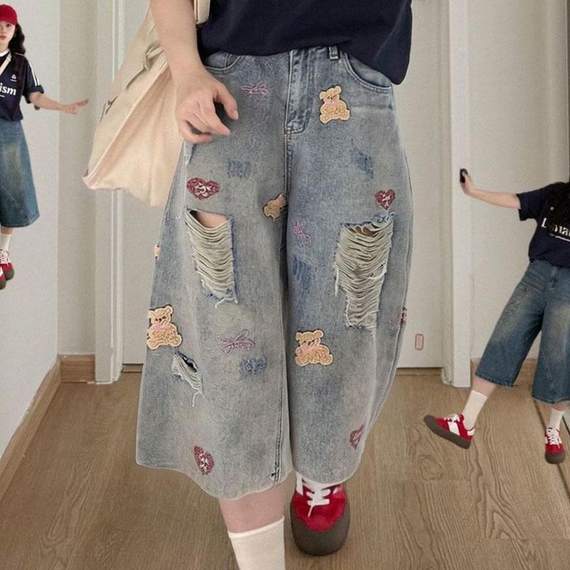 

Джинсовые брюки с вышивкой медведя и дырками, летние свободные большого размера, джинсовые шорты, женские повседневные широкие укороченные брюки 3XL синий