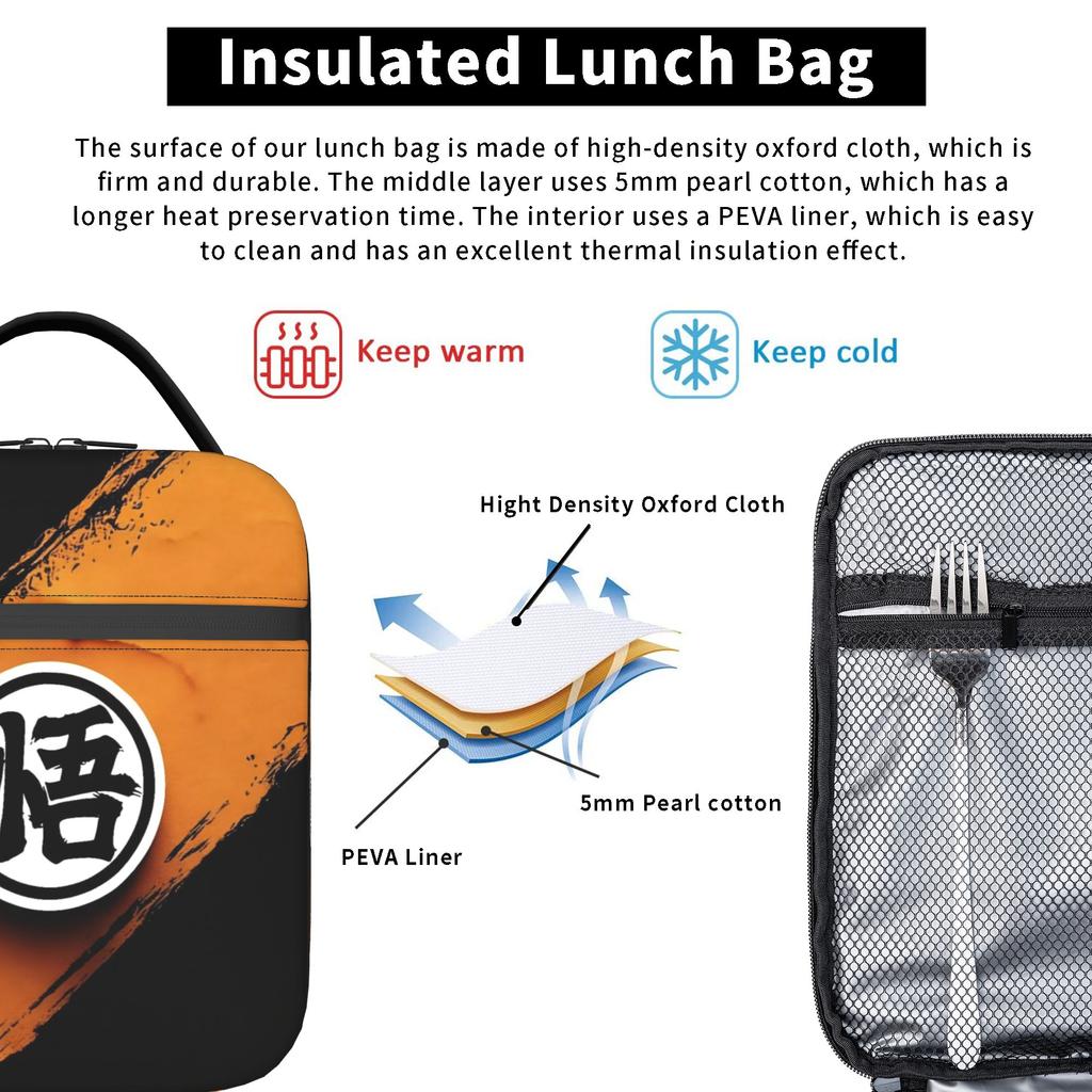 DBZ Kanji Symbol Insulated Lunch Bags Leakproof Son Goku Reusable Thermal Bag Tote Lunch Box Work Outdoor Food Bag
