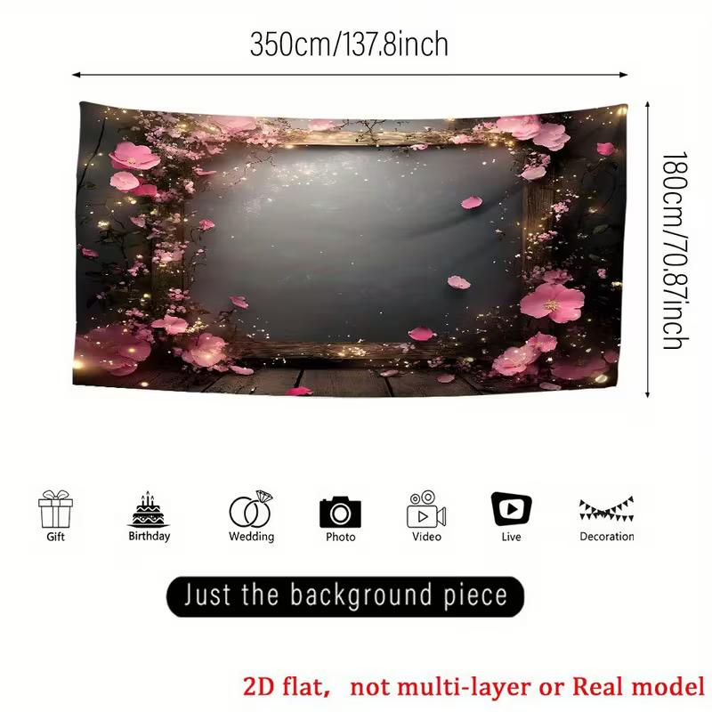 2D Dark Floral Tapestry Pink Rose Frame with Glowing Fairy Lights Party Background Cloth