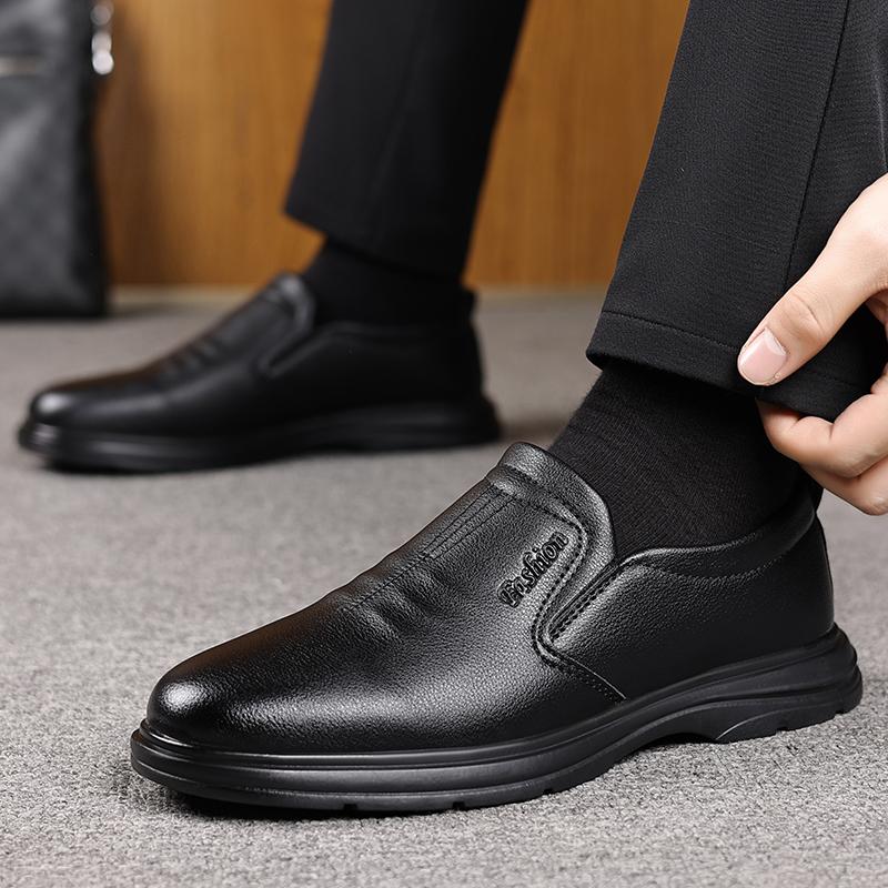 Male Leather Shoes Breathable Round Toe Men Dress Shoes Lace-up Waterproofing Solid Business Leather Shoes Black Flats