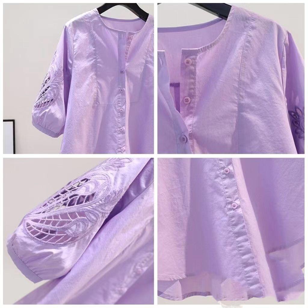 Cămașă mov din bumbac cu broderie goală Cămașă lejeră cu gât rotund pentru femei, cu design de vară