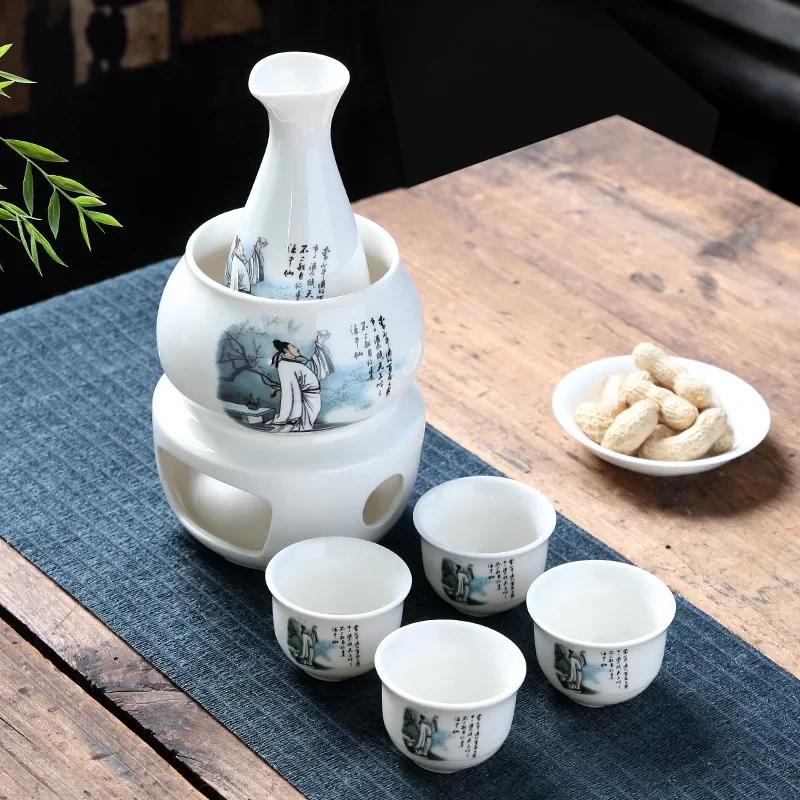 Janpanese Sake Set with Wamer, Ceramic 7pcs Wine Set with 1 Carafe 4 Sake Cups 1 Sake Warmer 1 Candle Stove