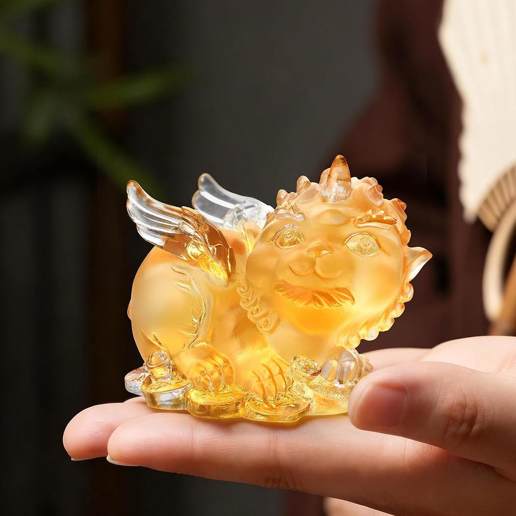 Aris & Juno Liuli Handmade Glazed Pixiu Pair Sculpture, Fortune Wealth Guardian Ornament with Gold Ingot, Chinese Style Home Office Desk Decoration,