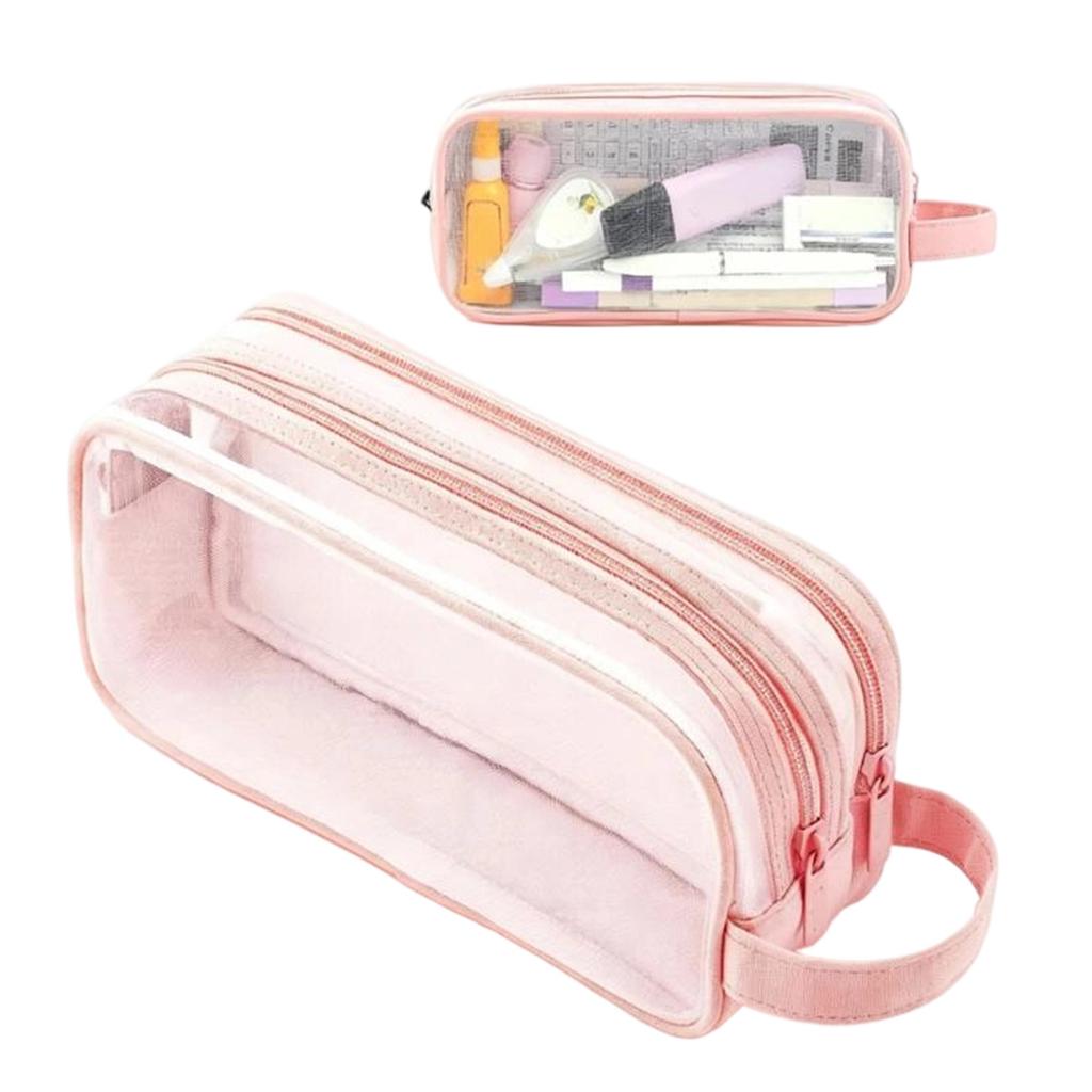 Large Capacity Double Layer Clear Mesh Pencil Pouch – Transparent Portable Stationery Case for School