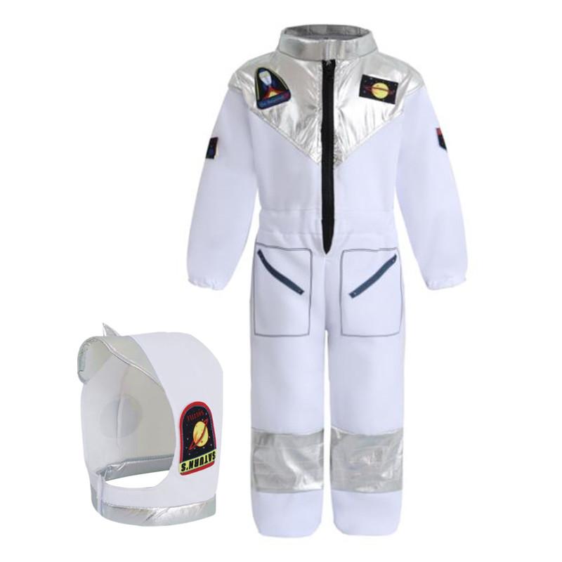 Kinderen US Astronaut Verkleding Kostuum Deluxe Print Cartoon Wit Ruimtepak Bodysuit Halloween Rollenspel Avontuur Handschoenen Hoed Set 110