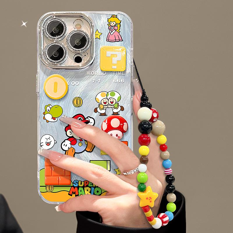 Mario Doll Bracelet for Apple 16 Feather Yarn Mobile Phone Case Xiaomi 14Pro Feather Yarn 15 Cute Cartoon 13