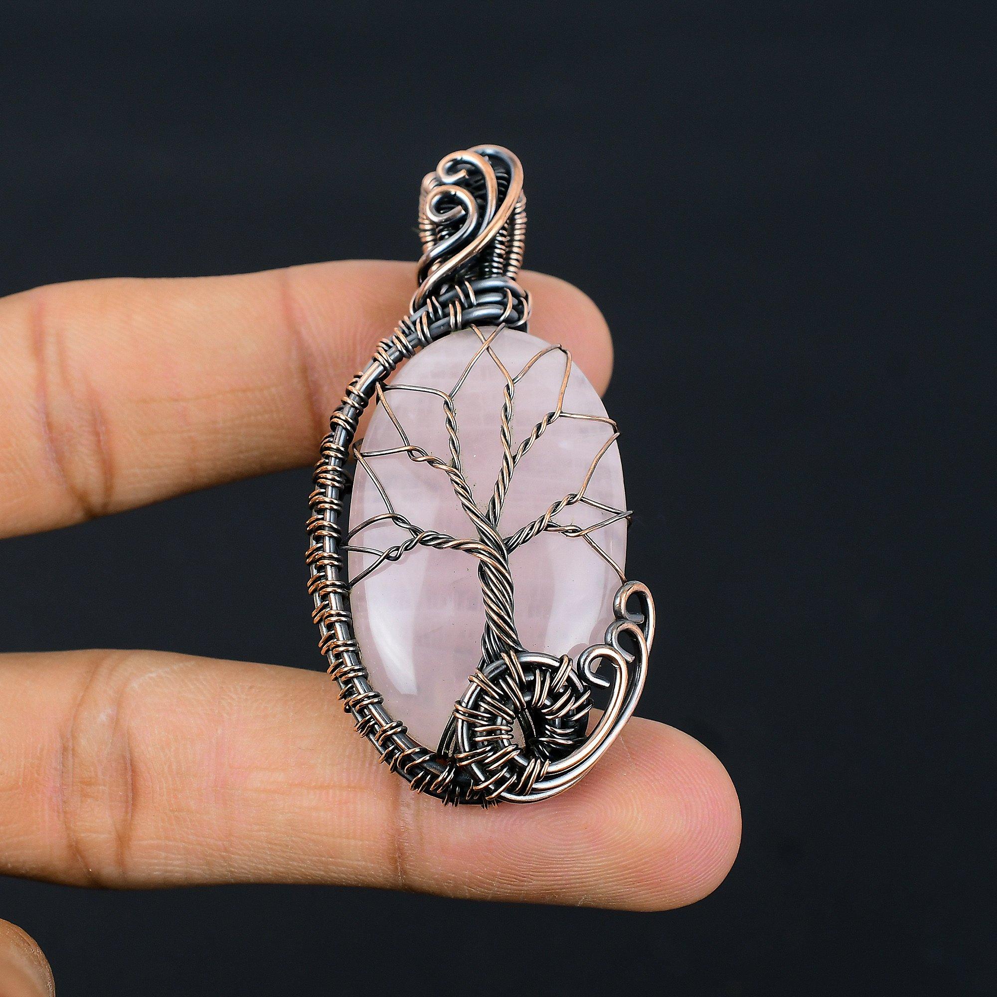 

Tree Of Life Rose Quartz Jewelry, 999 Copper Wire Wrapped Pendant Handmade Gemstone Jewelry, Gifts For Wife Brand New Pendant 2.55 Inches