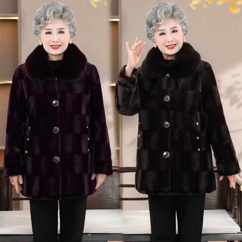 Plus Size Middle Aged Elderly Women Mink Coat Winter Thicken Cotton Padded Faux Fur Jacket High End Grandma Velvet Fur Overcoat