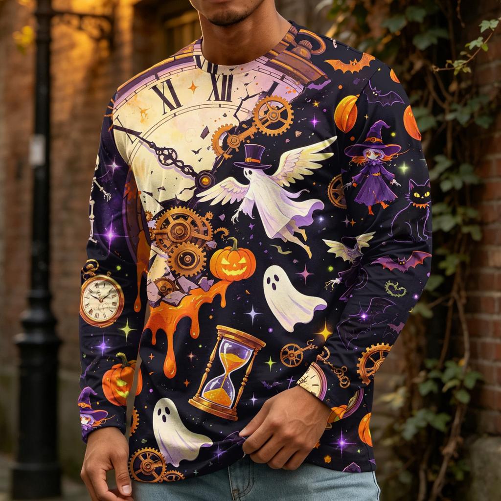 Men's Halloween Print Long Sleeve Neck T-Shirt Loose Fit Casual Top